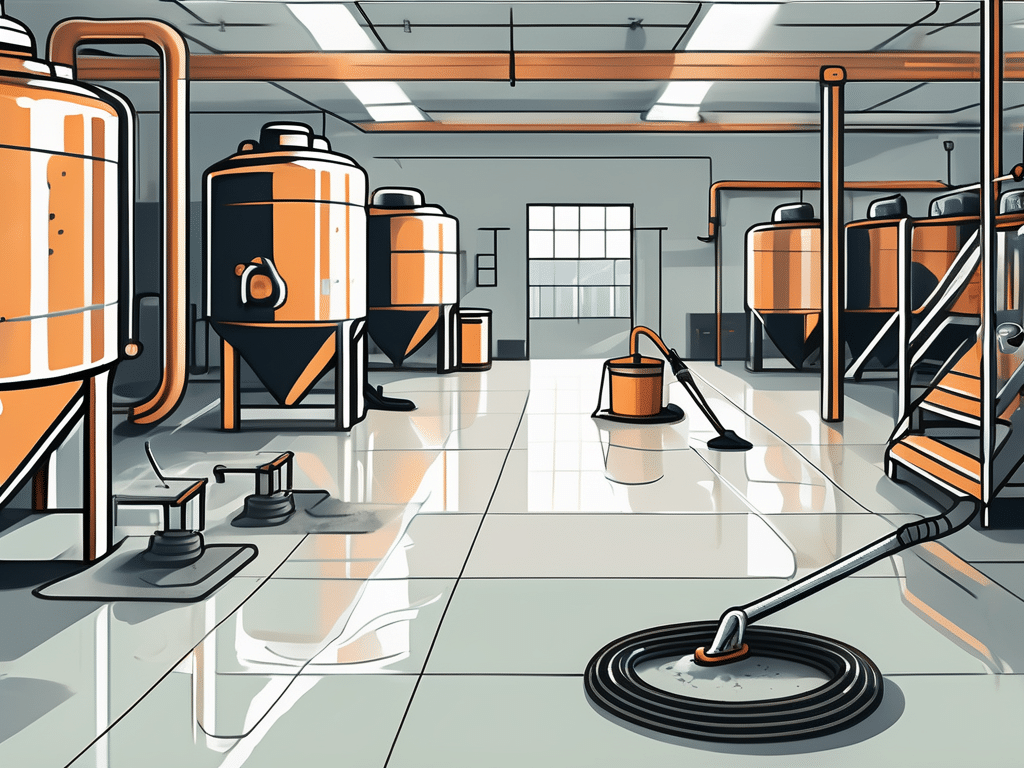 A pristine brewery floor with various cleaning tools
