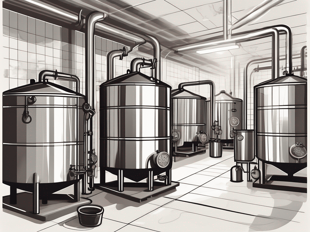A well-organized brew floor with various brewing equipment like barrels